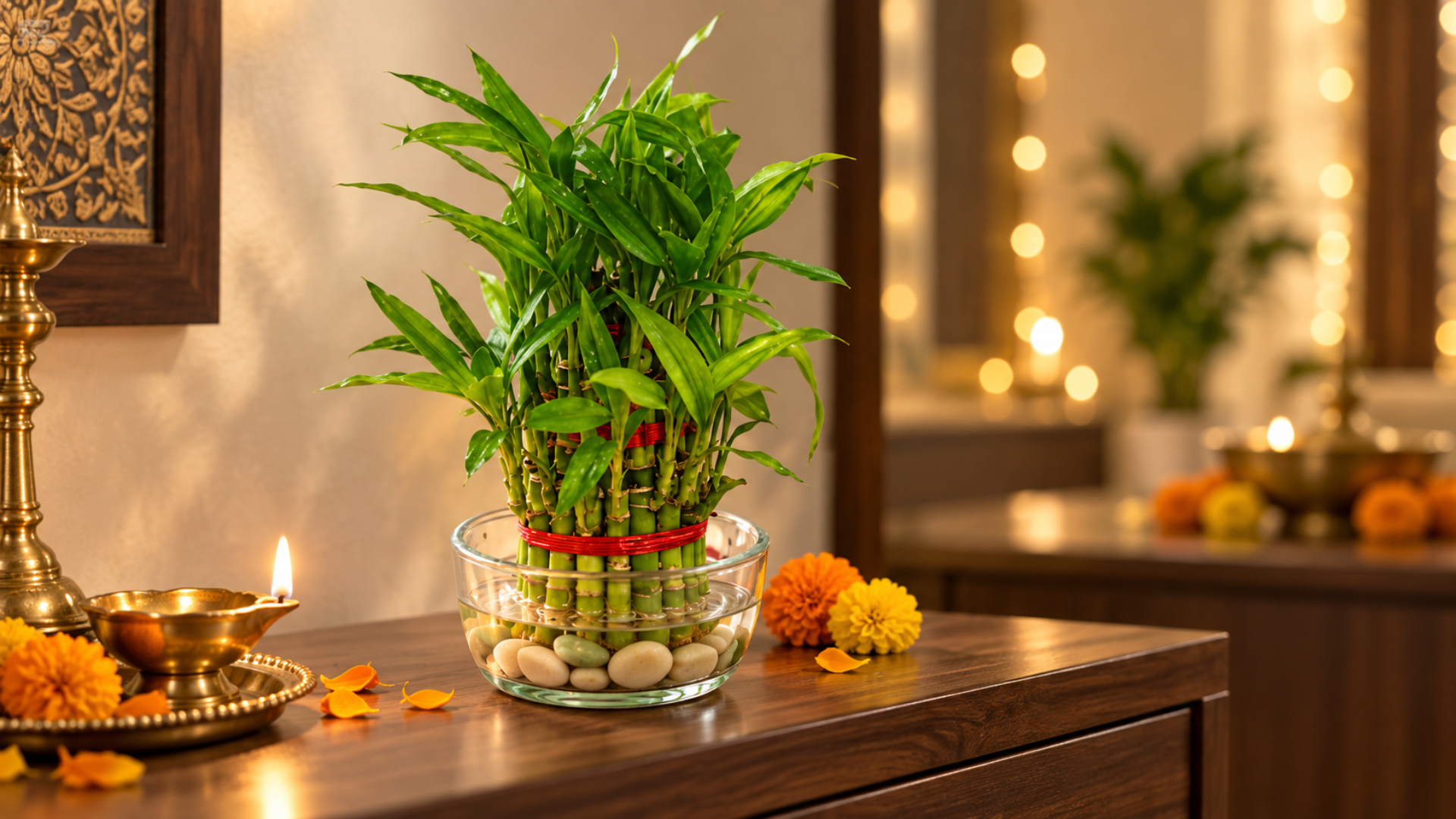 Lucky Bamboo kept near the pooja thali on the table